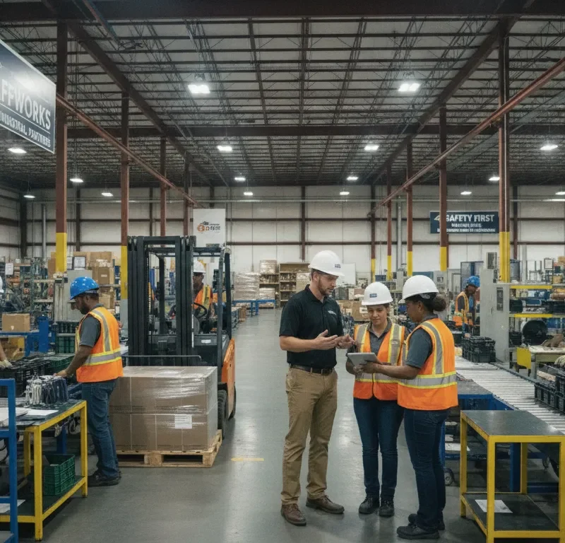 Warehouse and manufacturing workers in safety vests and hard hats working alongside a supervisor in a Dallas Texas industrial facility