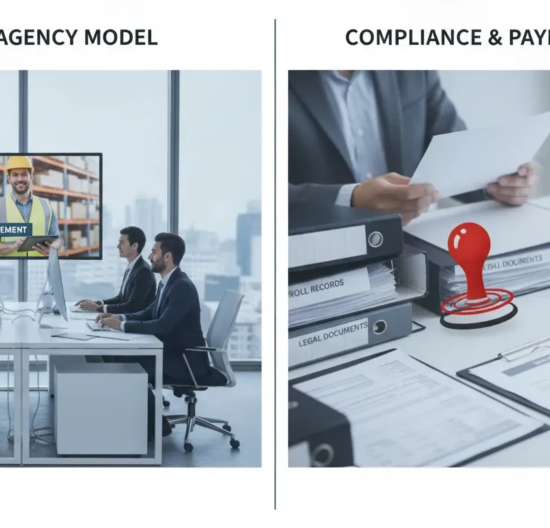Professional side-by-side comparison of staffing agency and employer of record documents on a desk with light industrial warehouse background