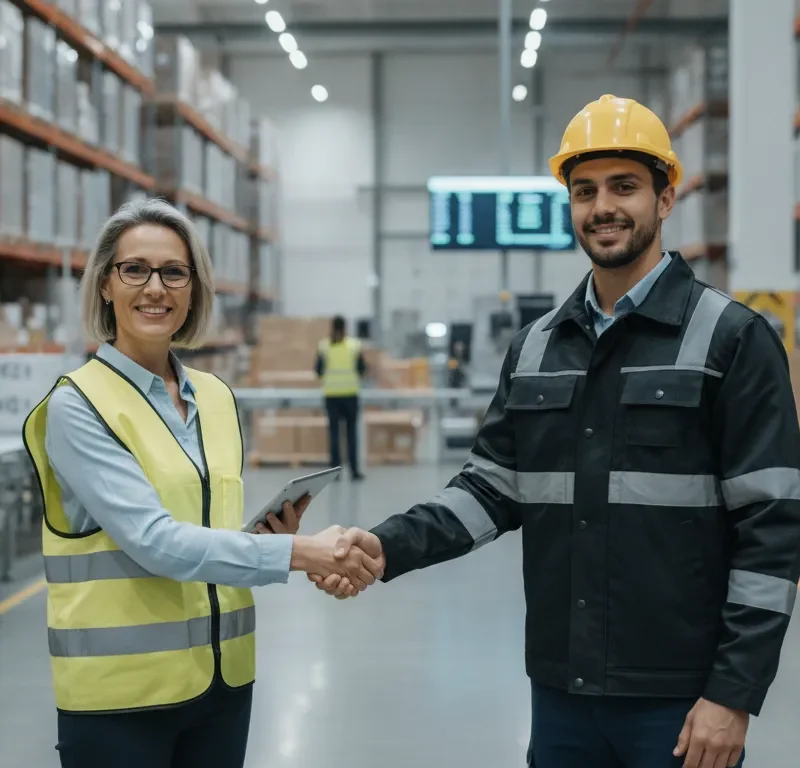 Warehouse manager shaking hands with a temporary worker in a distribution center