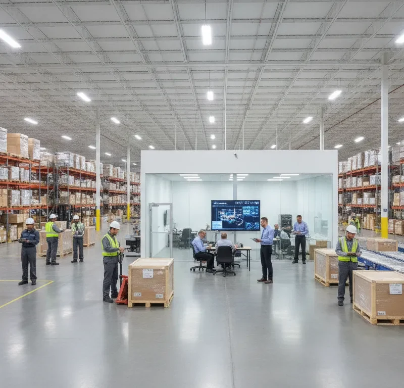 Warehouse workers and staff in a modern DFW distribution center