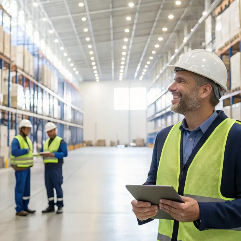 A manager who knows how to find reliable warehouse workers leading his team with a tablet.
