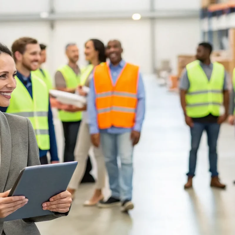 Manager leading a team of newly hired seasonal warehouse staff.