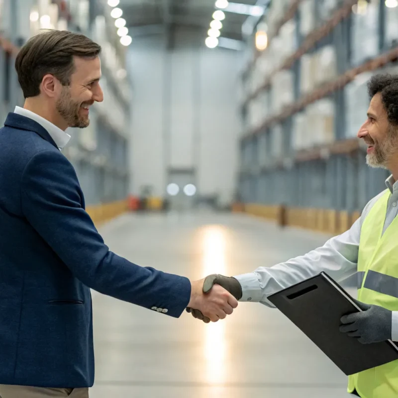Manager shaking hands with a temporary warehouse worker after a successful hire.