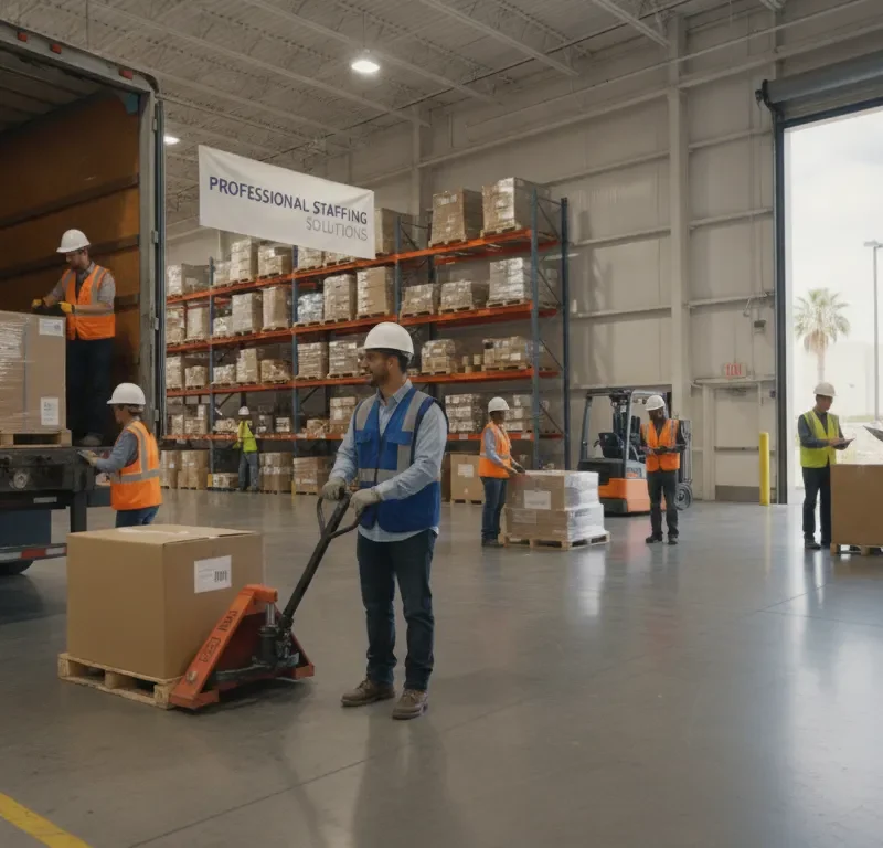 Warehouse workers in safety vests at a South Dallas logistics facility