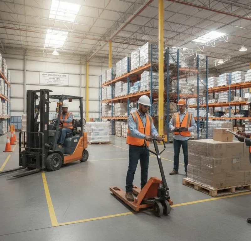 Warehouse workers in safety vests performing skills assessment in a DFW distribution center