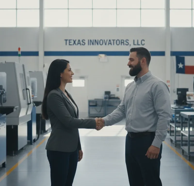 Two small manufacturing business owners shaking hands in a clean industrial facility