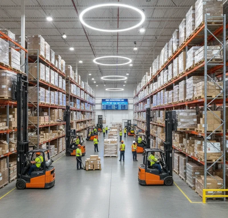 Workers in safety vests operating forklifts in a busy DFW warehouse distribution center