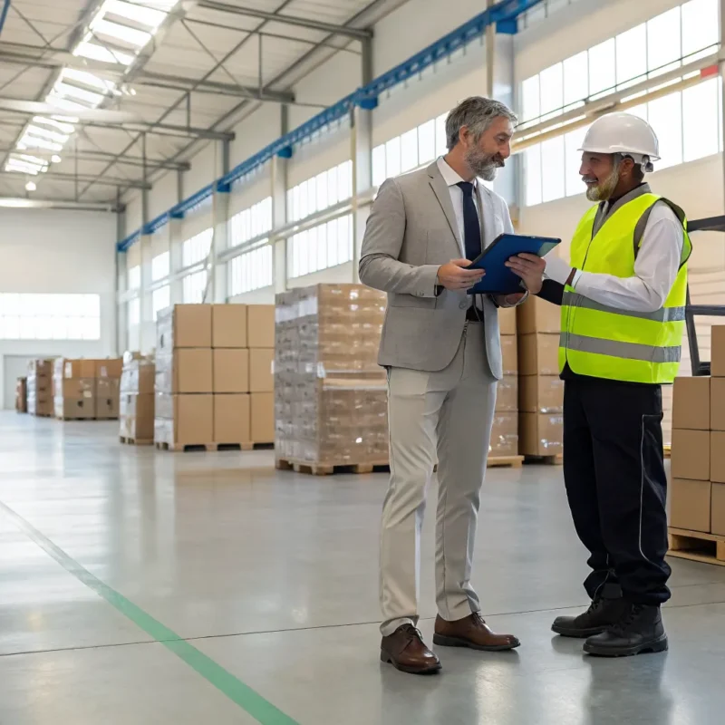 Manager and worker discussing a light industrial temp to hire position in a warehouse.