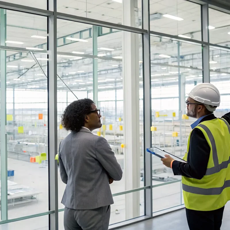 A manager plans seasonal staffing solutions for manufacturing with a staffing partner in a factory.